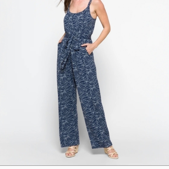 𝅺Market & Spruce Florence Knit Jumpsuit Leaf Print Blue NWT - Picture 1 of 8